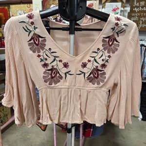 Aeropostale Womens Peasant Blouse Embroidered Bell Sleeve V Neck Pink XS